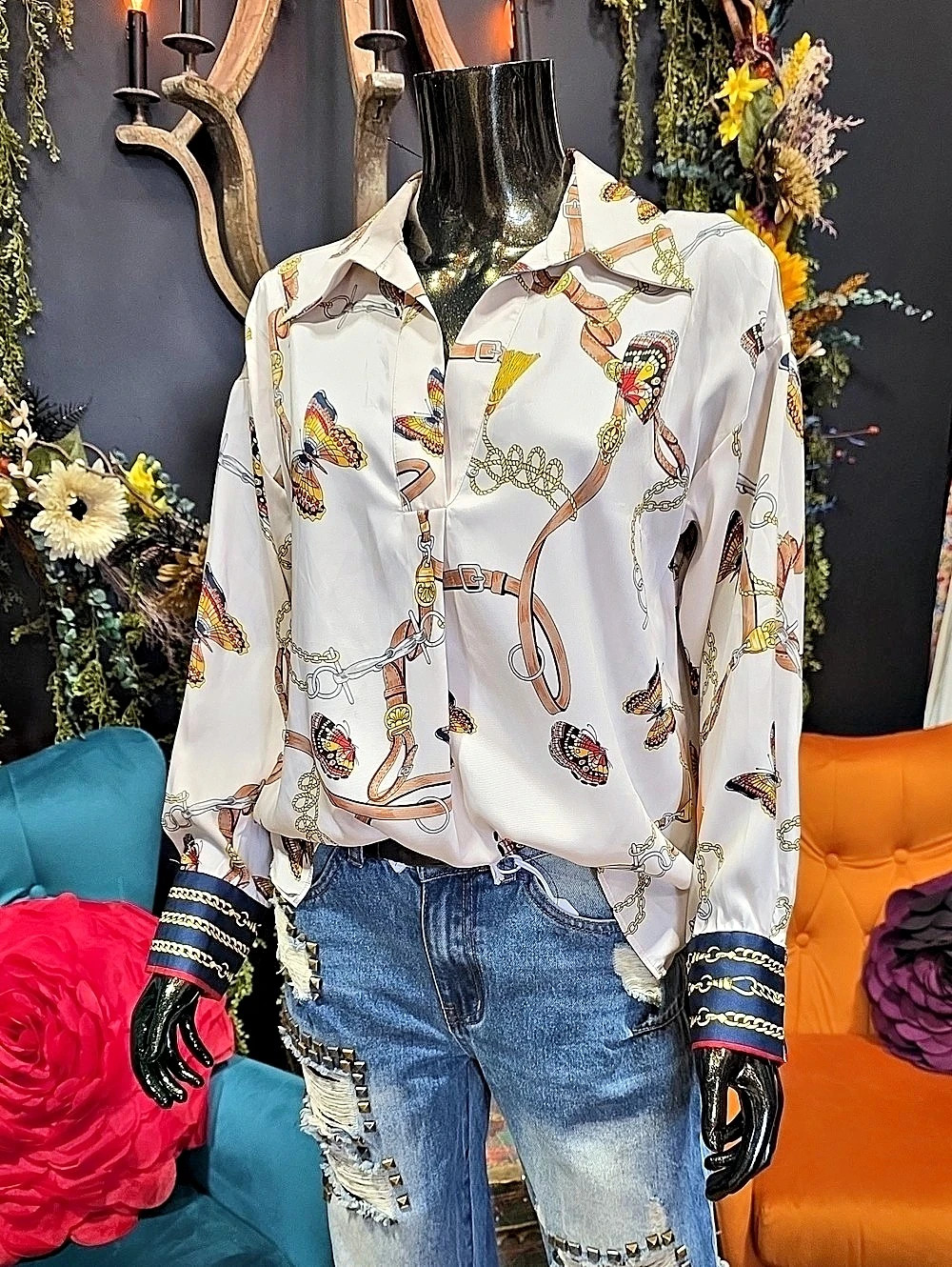 New! ZARA Satin-like Blouse with Butterfly & Bit Pattern